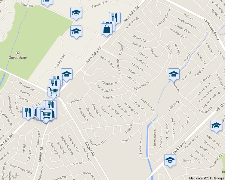 map of restaurants, bars, coffee shops, grocery stores, and more near 23 Redbrook Lane in Levittown
