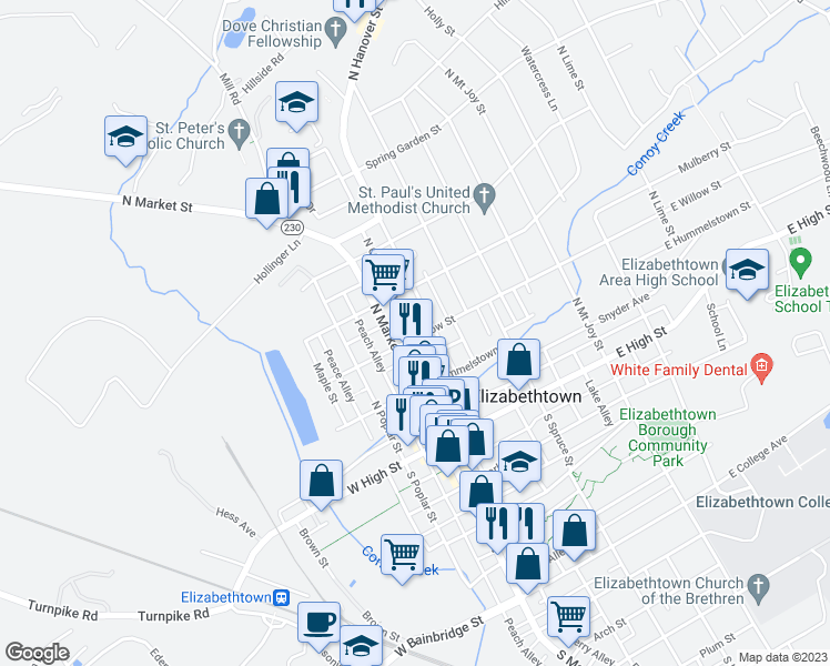 map of restaurants, bars, coffee shops, grocery stores, and more near 43 East Willow Street in Elizabethtown