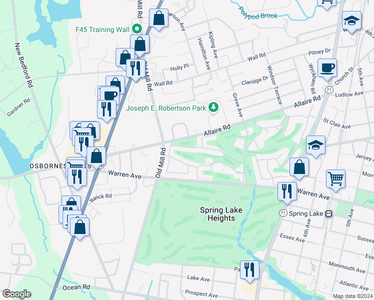 map of restaurants, bars, coffee shops, grocery stores, and more near 53 Willow Lane in Spring Lake