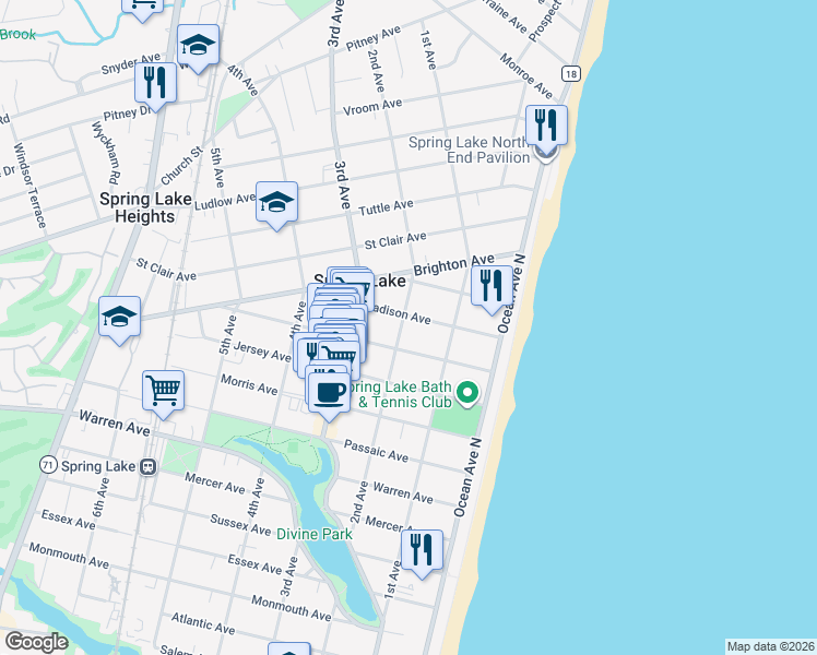 map of restaurants, bars, coffee shops, grocery stores, and more near 115 Madison Avenue in Spring Lake