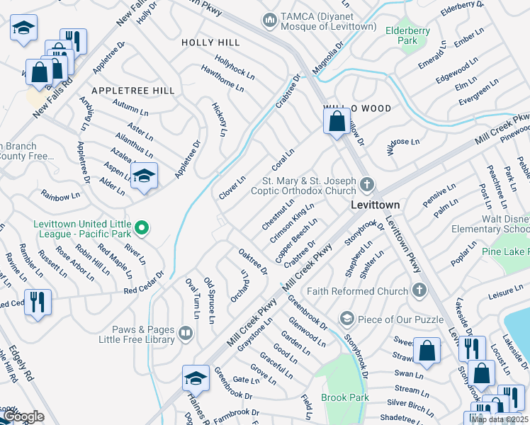 map of restaurants, bars, coffee shops, grocery stores, and more near 24 Cherry Lane in Levittown