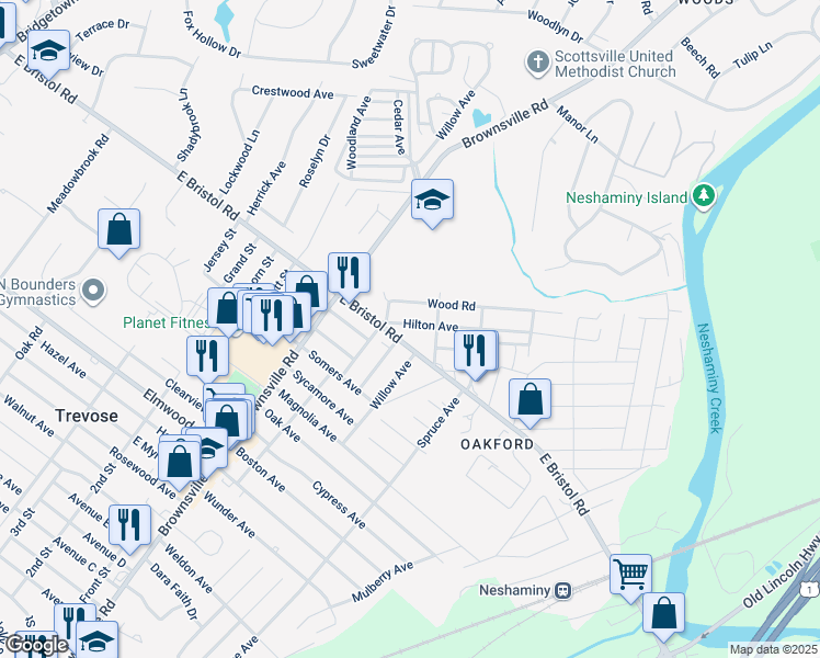 map of restaurants, bars, coffee shops, grocery stores, and more near 825 Hilton Avenue in Feasterville-Trevose
