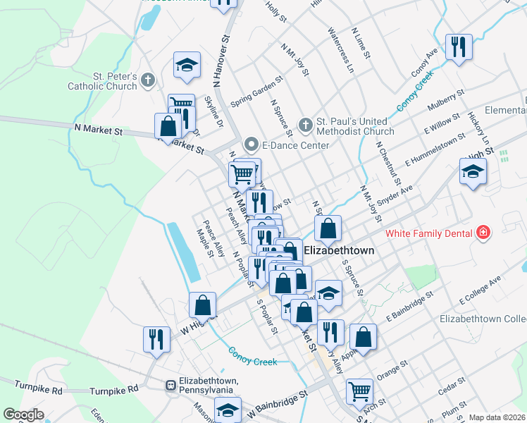 map of restaurants, bars, coffee shops, grocery stores, and more near 206 North Hanover Street in Elizabethtown