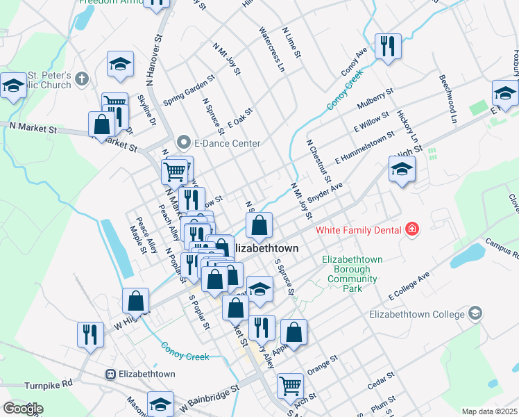 map of restaurants, bars, coffee shops, grocery stores, and more near 105 North Spruce Street in Elizabethtown