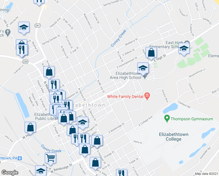 map of restaurants, bars, coffee shops, grocery stores, and more near 433 Mechanics Alley in Elizabethtown