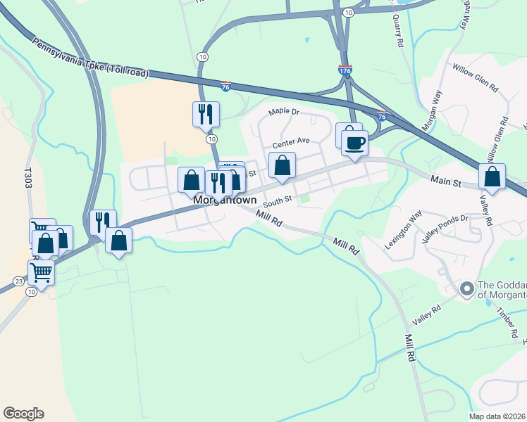 map of restaurants, bars, coffee shops, grocery stores, and more near 3216R West Main Street in Morgantown