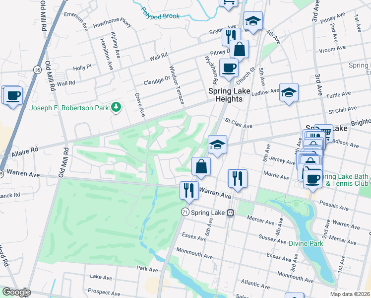 map of restaurants, bars, coffee shops, grocery stores, and more near 20 Cherry Court in Spring Lake