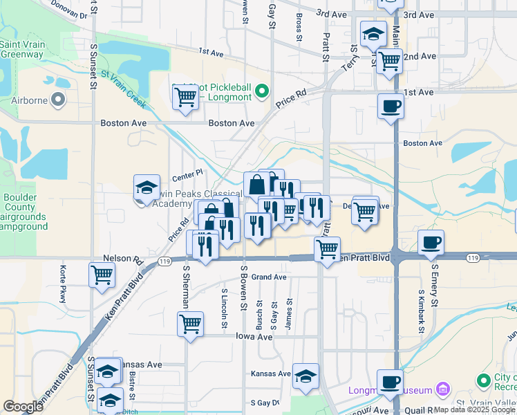 map of restaurants, bars, coffee shops, grocery stores, and more near 1110 Delaware Avenue in Longmont