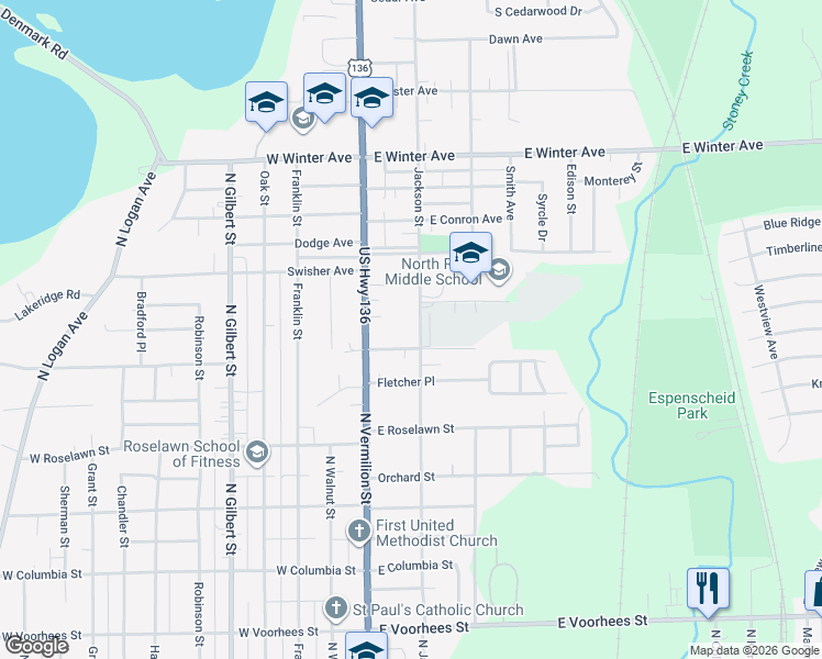 map of restaurants, bars, coffee shops, grocery stores, and more near 1606 North Jackson Street in Danville