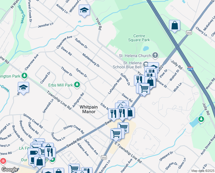 map of restaurants, bars, coffee shops, grocery stores, and more near 1510 Daws Road in Blue Bell