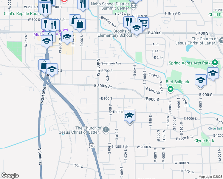 map of restaurants, bars, coffee shops, grocery stores, and more near 512 East 800 South Street in Springville