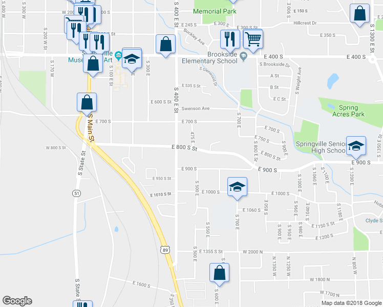 map of restaurants, bars, coffee shops, grocery stores, and more near 512 East 800 South Street in Springville