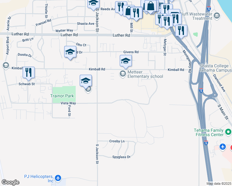 map of restaurants, bars, coffee shops, grocery stores, and more near 710 Vista Way in Red Bluff