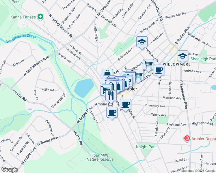 map of restaurants, bars, coffee shops, grocery stores, and more near 55 North Main Street in Maple Glen
