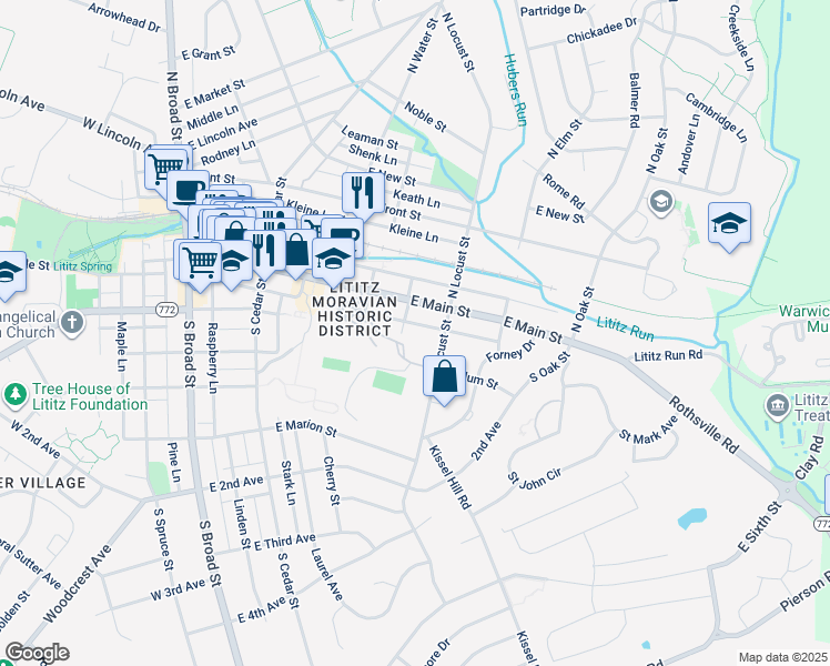 map of restaurants, bars, coffee shops, grocery stores, and more near in Lititz