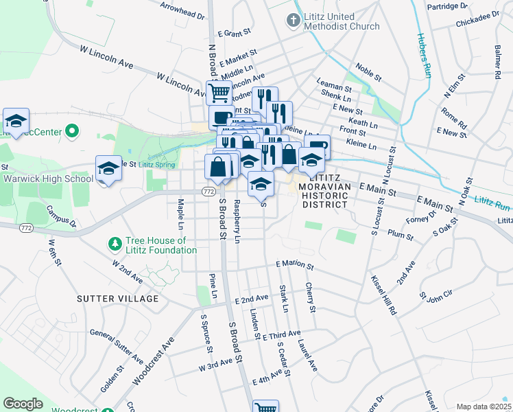 map of restaurants, bars, coffee shops, grocery stores, and more near 44 East Orange Street in Lititz