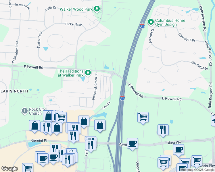 map of restaurants, bars, coffee shops, grocery stores, and more near 9300 Polaris Green Drive in Columbus