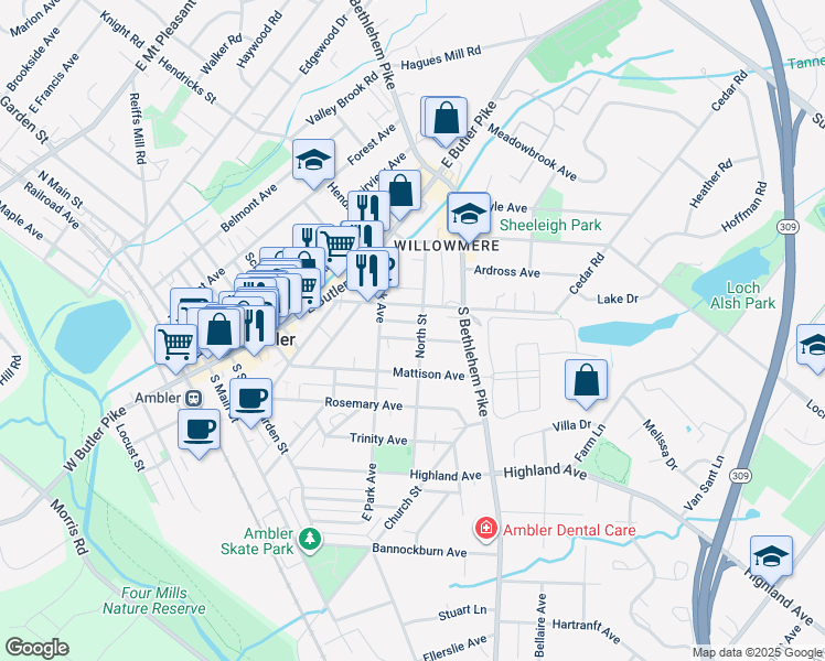 map of restaurants, bars, coffee shops, grocery stores, and more near 325 Euclid Avenue in Ambler