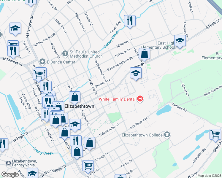 map of restaurants, bars, coffee shops, grocery stores, and more near 513 East High Street in Elizabethtown