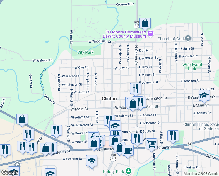 map of restaurants, bars, coffee shops, grocery stores, and more near 314 North Mulberry Street in Clinton