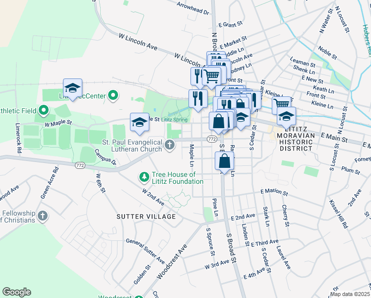 map of restaurants, bars, coffee shops, grocery stores, and more near 7 West Lockup Lane in Lititz