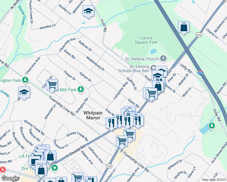 map of restaurants, bars, coffee shops, grocery stores, and more near 1510 Daws Road in Blue Bell