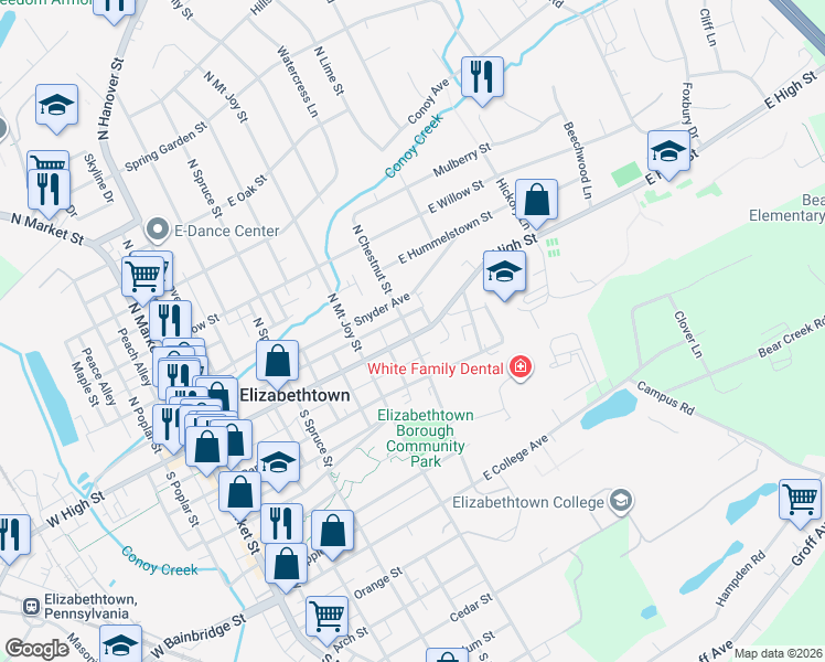 map of restaurants, bars, coffee shops, grocery stores, and more near 501 East High Street in Elizabethtown