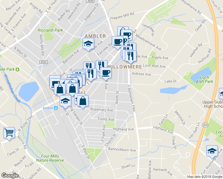 map of restaurants, bars, coffee shops, grocery stores, and more near 313 Euclid Avenue in Ambler