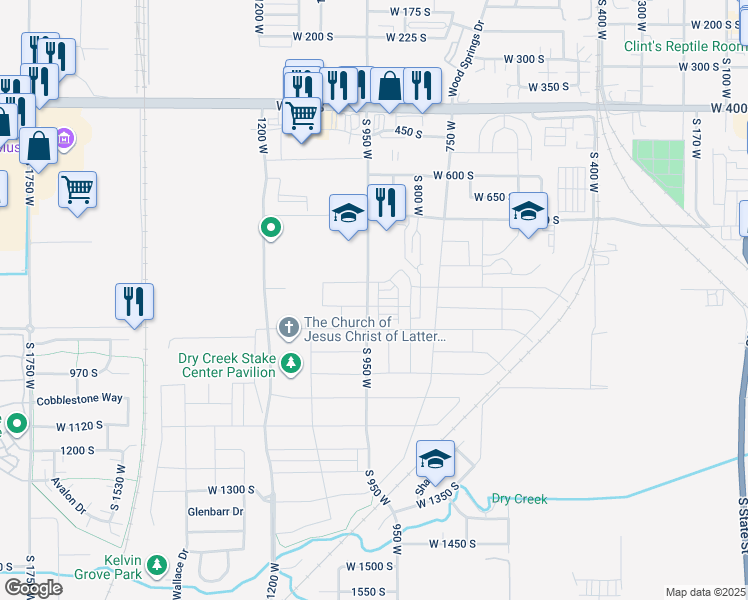 map of restaurants, bars, coffee shops, grocery stores, and more near 841 South 950 West in Springville