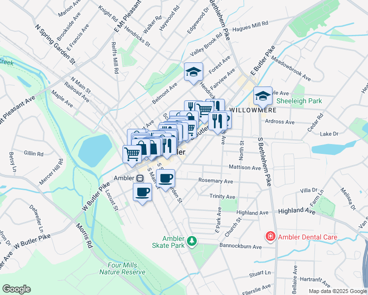 map of restaurants, bars, coffee shops, grocery stores, and more near 122 East Butler Avenue in Ambler