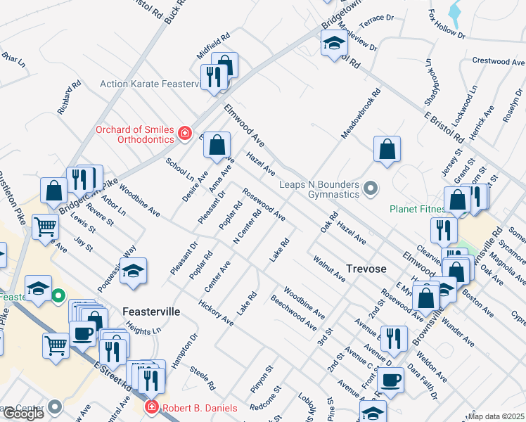 map of restaurants, bars, coffee shops, grocery stores, and more near 219 Rosewood Avenue in Feasterville
