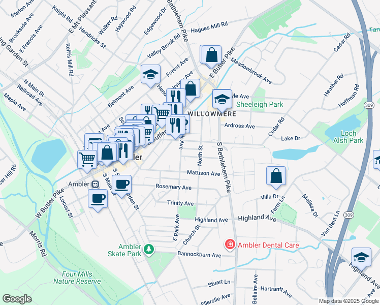 map of restaurants, bars, coffee shops, grocery stores, and more near 313 Euclid Avenue in Ambler