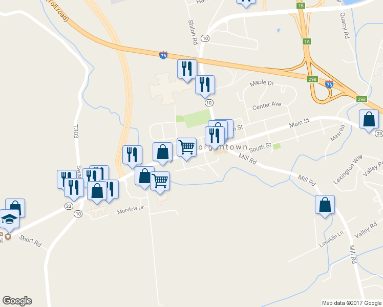 map of restaurants, bars, coffee shops, grocery stores, and more near 3043 West Main Street in Morgantown