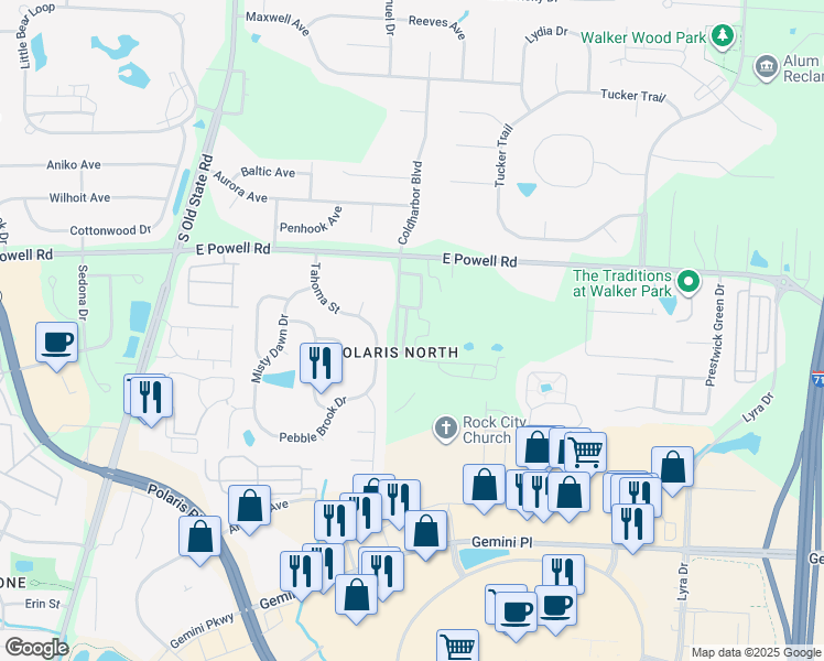 map of restaurants, bars, coffee shops, grocery stores, and more near 9180 Clovelly Street in Columbus
