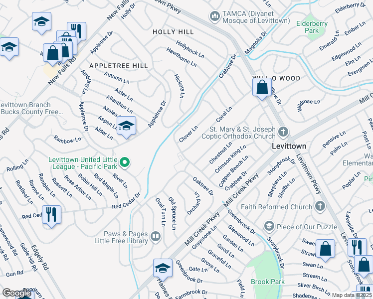 map of restaurants, bars, coffee shops, grocery stores, and more near 7 Coral Lane in Levittown
