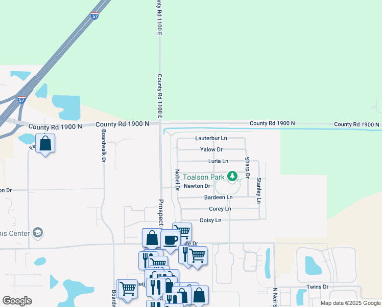 map of restaurants, bars, coffee shops, grocery stores, and more near 703 Yalow Drive in Champaign
