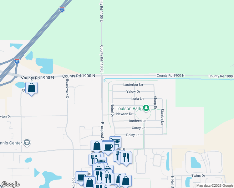 map of restaurants, bars, coffee shops, grocery stores, and more near 703 Yalow Drive in Champaign