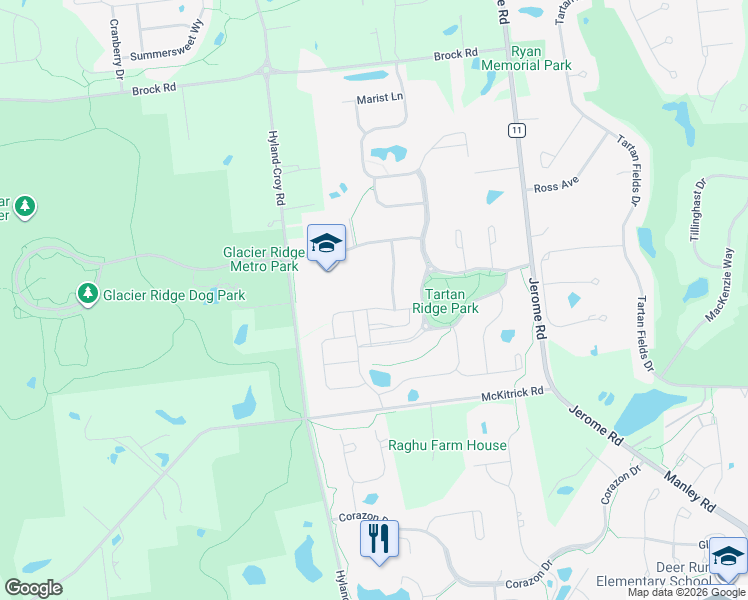 map of restaurants, bars, coffee shops, grocery stores, and more near 7156 Emmet Row Lane in Dublin