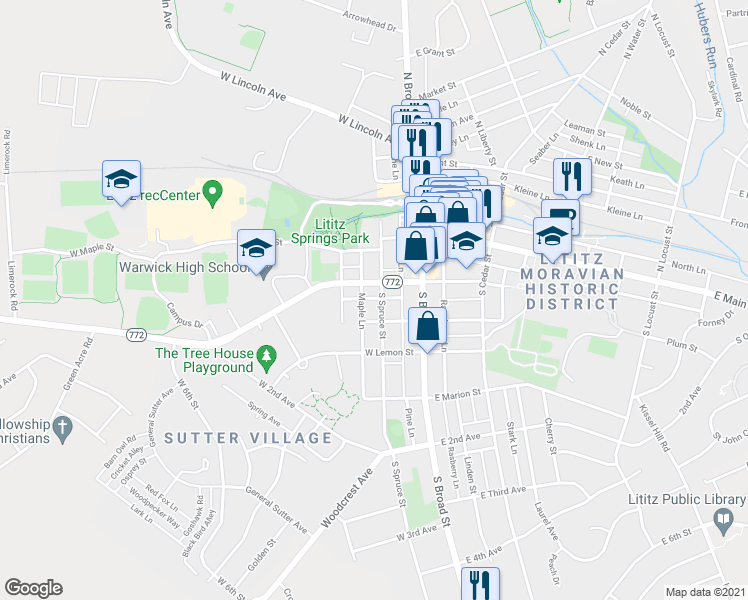 map of restaurants, bars, coffee shops, grocery stores, and more near 112 South Spruce Street in Lititz
