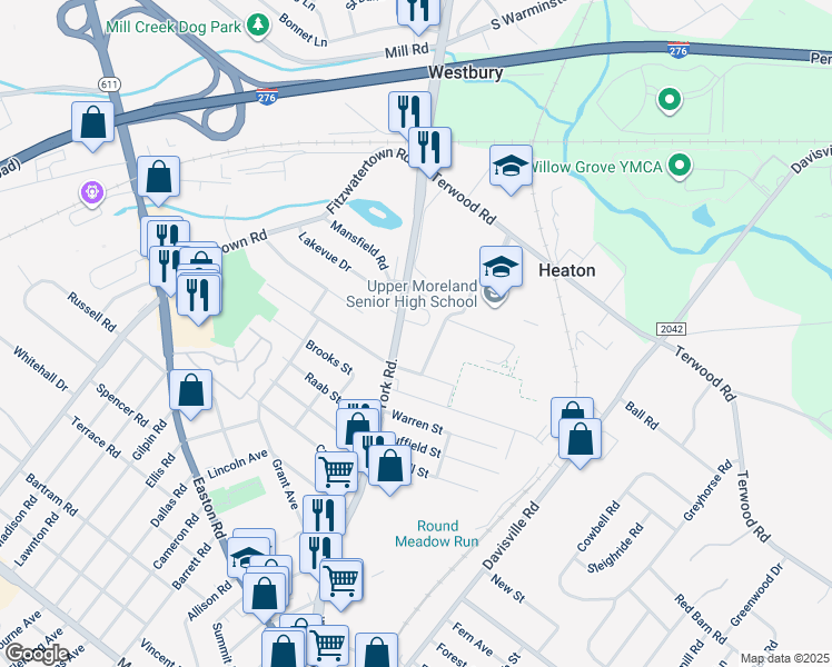 map of restaurants, bars, coffee shops, grocery stores, and more near 1017 North York Road in Willow Grove