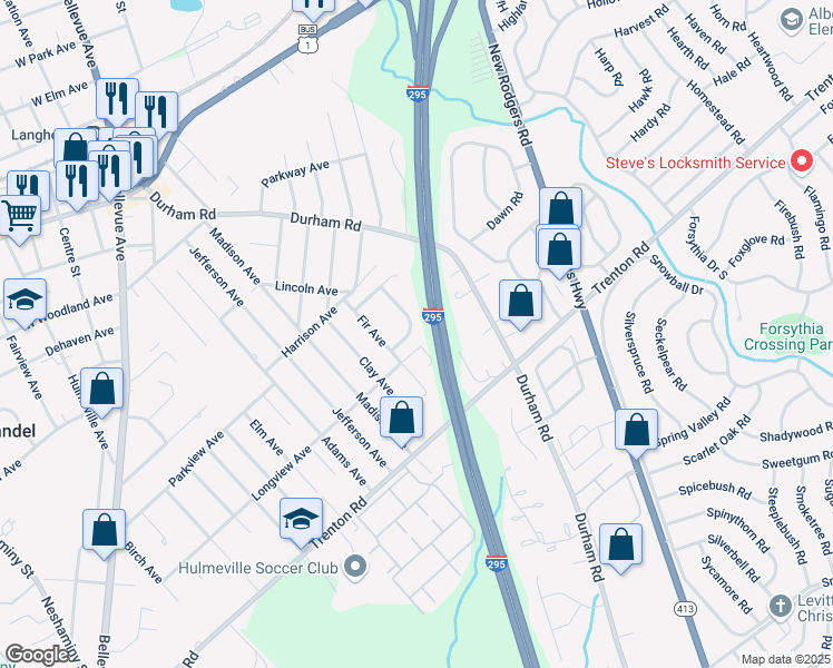map of restaurants, bars, coffee shops, grocery stores, and more near 66 Flame Drive in Langhorne