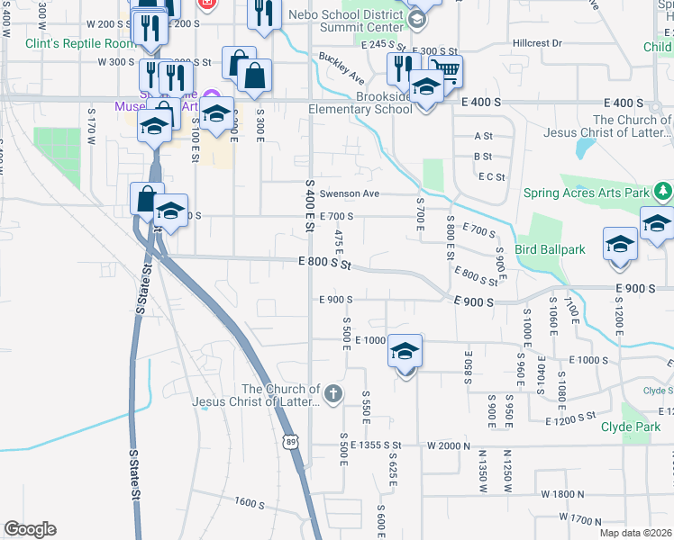 map of restaurants, bars, coffee shops, grocery stores, and more near 512 East 800 South Street in Springville