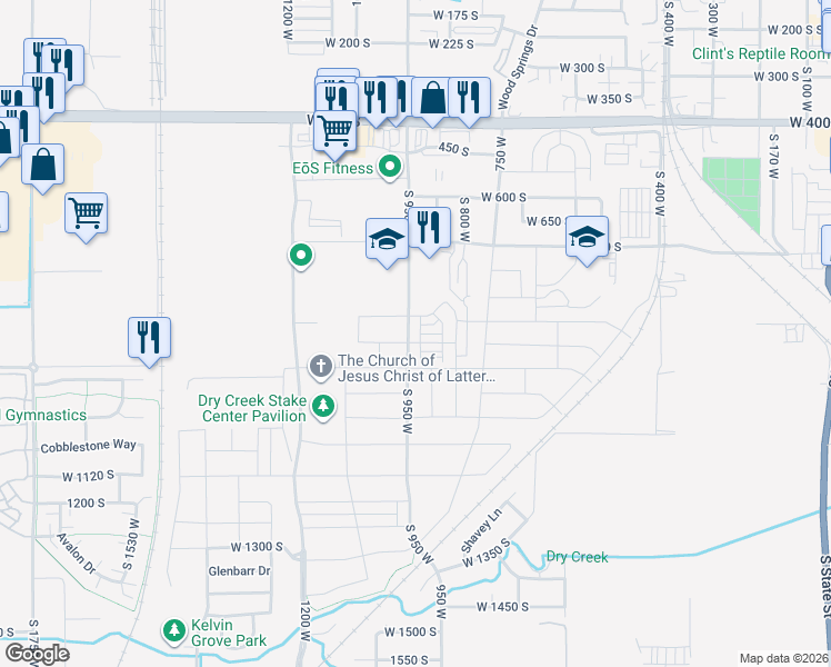map of restaurants, bars, coffee shops, grocery stores, and more near 4097-4299 South 950 West in Springville