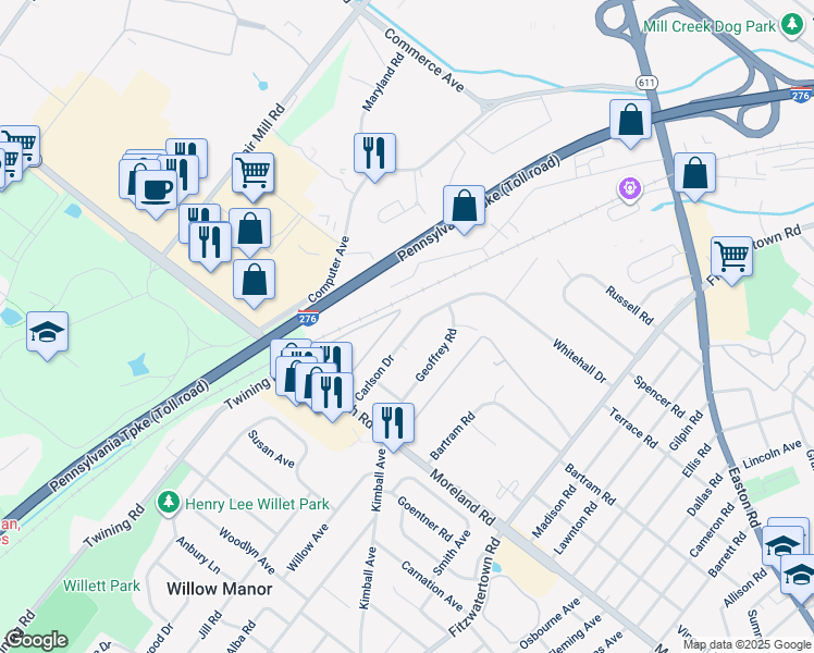 map of restaurants, bars, coffee shops, grocery stores, and more near 2150 Carlson Drive in Willow Grove