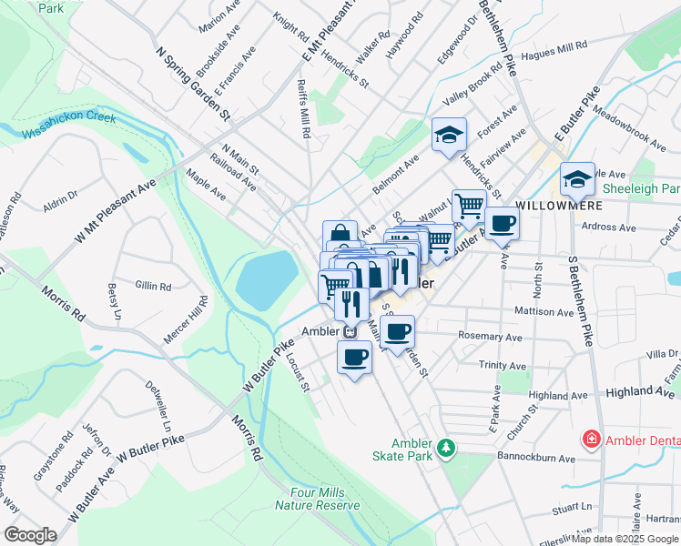 map of restaurants, bars, coffee shops, grocery stores, and more near 55 North Main Street in Maple Glen