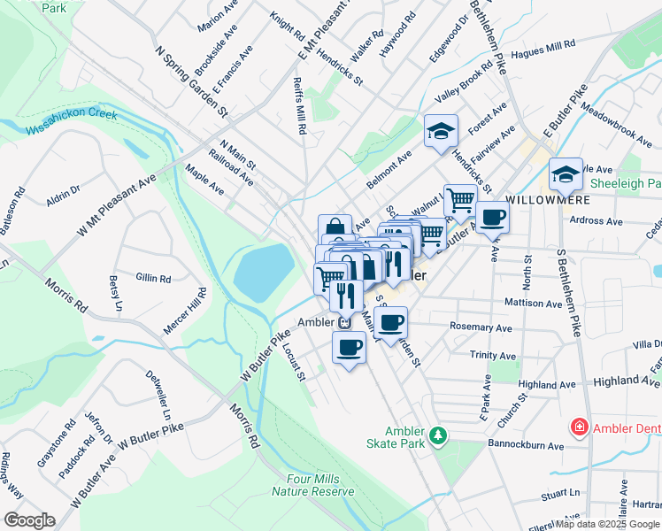 map of restaurants, bars, coffee shops, grocery stores, and more near 55 North Main Street in Maple Glen