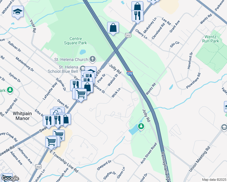 map of restaurants, bars, coffee shops, grocery stores, and more near 1371 Wick Lane in Blue Bell
