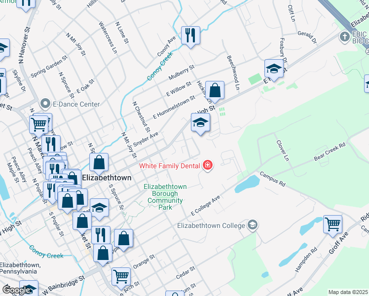 map of restaurants, bars, coffee shops, grocery stores, and more near 5 School Lane in Elizabethtown