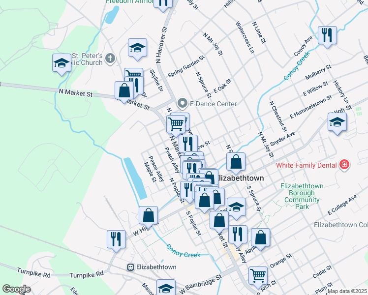 map of restaurants, bars, coffee shops, grocery stores, and more near 231 North Market Street in Elizabethtown