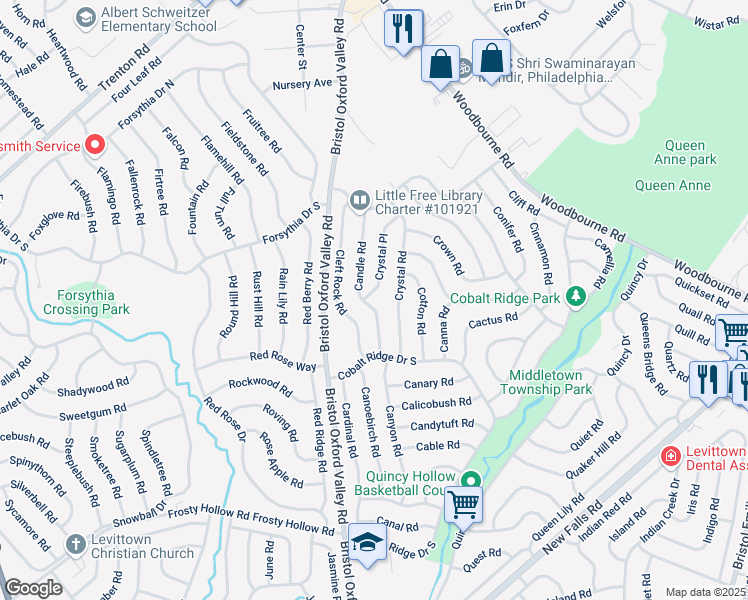 map of restaurants, bars, coffee shops, grocery stores, and more near 2 Crystal Place in Levittown